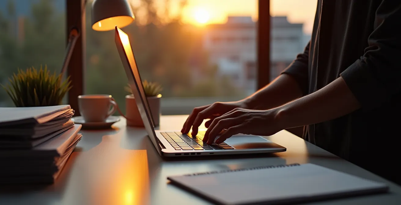 Professioneller Arbeitsplatz mit geschlossenem Laptop und aufgeräumtem Schreibtisch