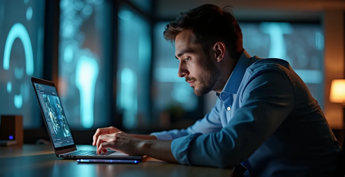 Marketer arbeitet kreativ mit KI-Tools in modernem deutschen Büro