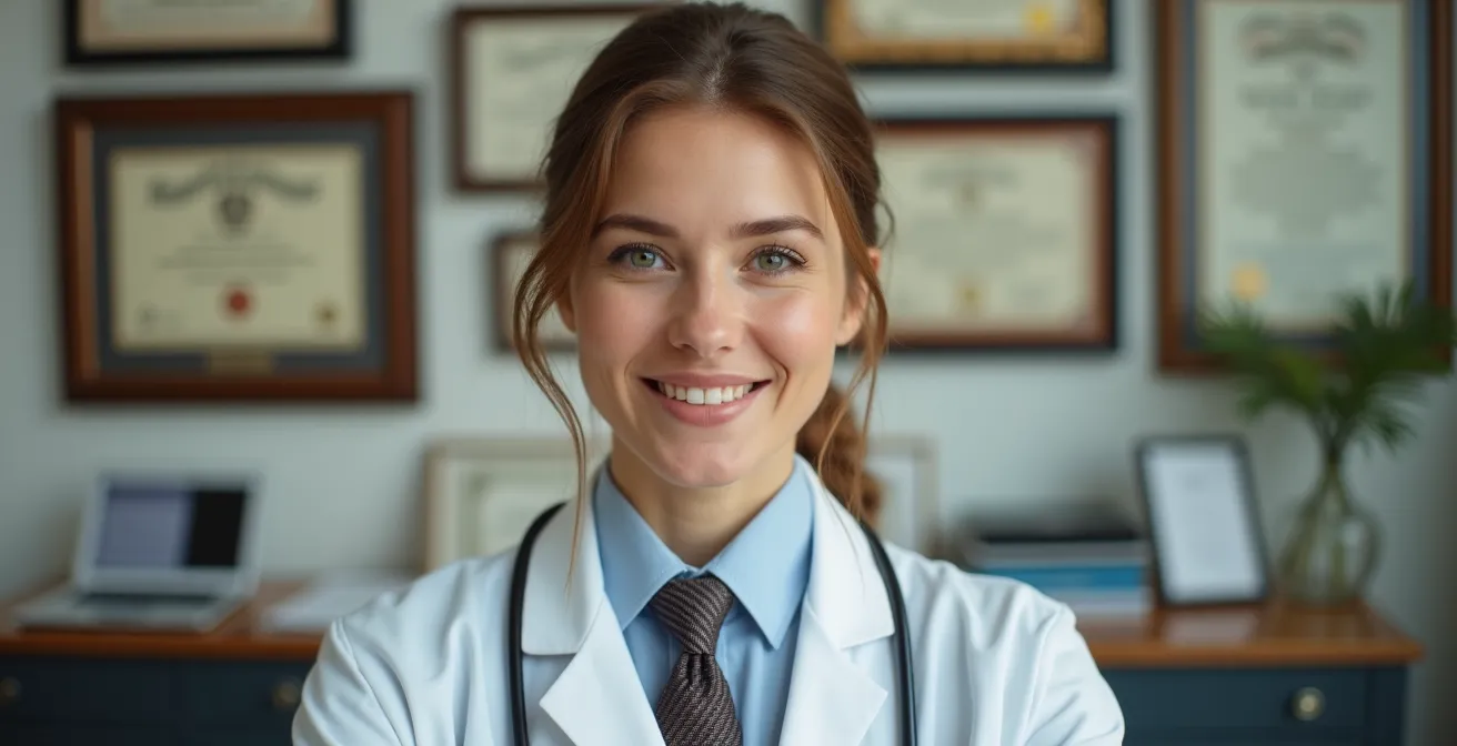 Ein professionelles Autorenprofil, das durch Elemente wie Diplome und ein seriöses Auftreten Expertise und Vertrauen ausstrahlt.