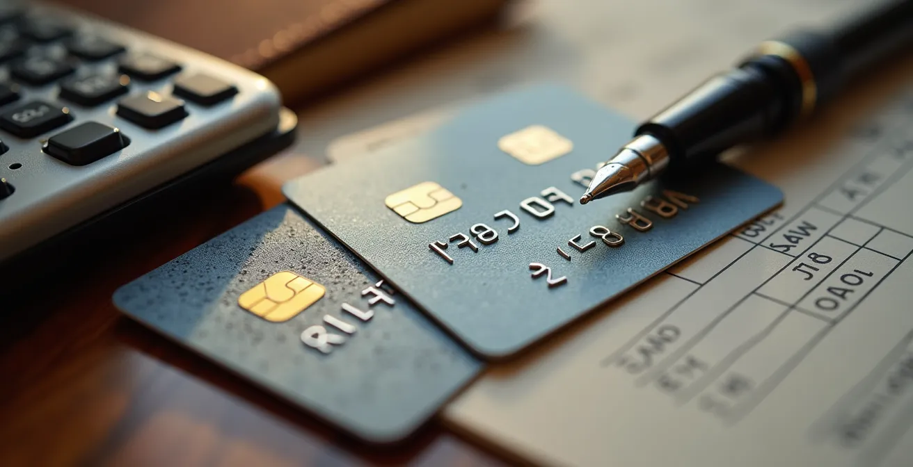 Nahaufnahme verschiedener Zahlungsmittel wie Rechnung und Kreditkarte auf einem Holztisch, die den B2B-Zahlungsverkehr in Deutschland symbolisieren