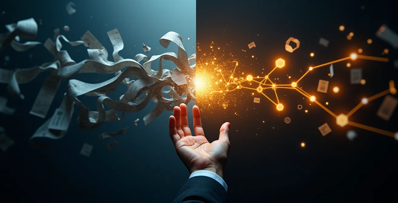 Splitscreen-Darstellung zeigt chaotischen Blogstream links und strukturiertes Hub-System rechts