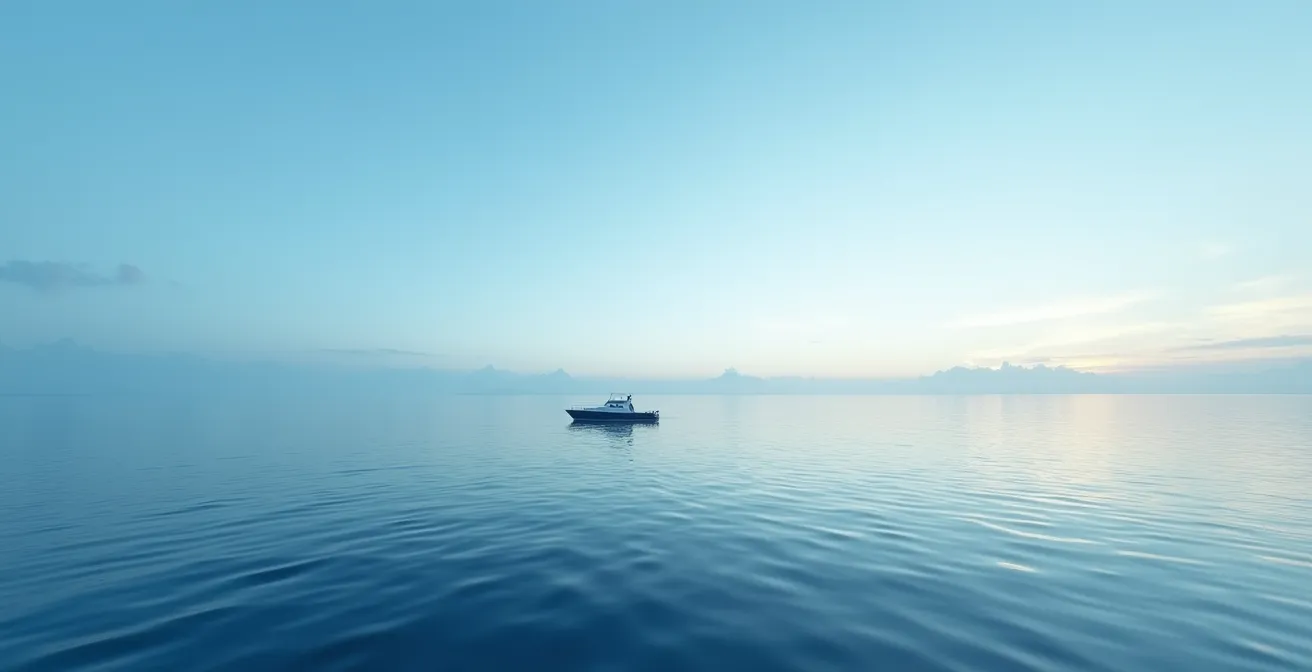 Minimalistisches Bild eines ruhigen blauen Ozeans mit einzelnem Boot als Metapher für unumkämpfte Marktnische