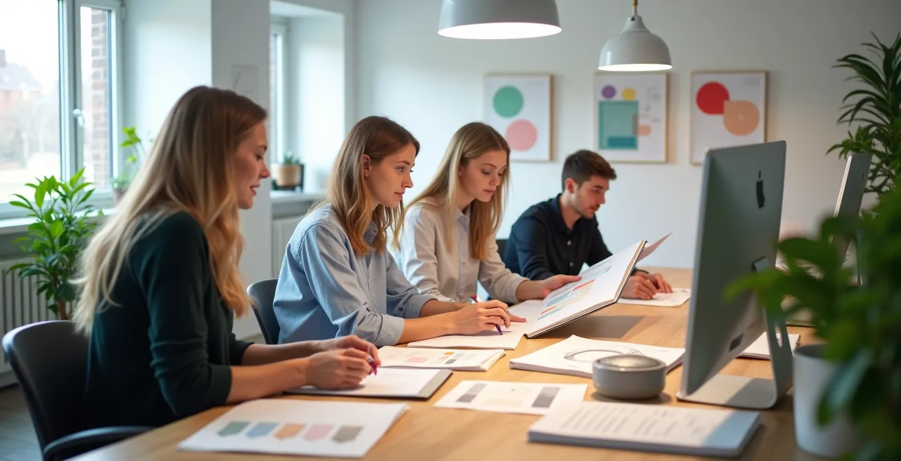 Kreatives Team arbeitet in verschiedenen Phasen der Content-Produktion