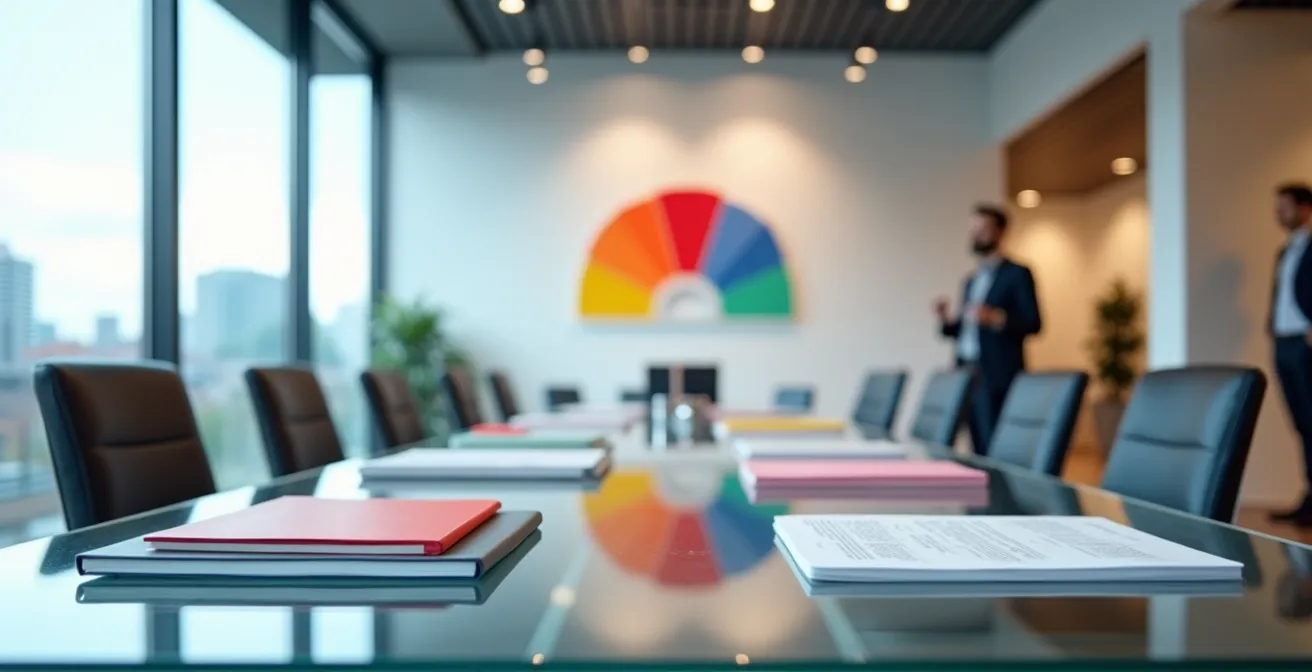 Moderner Büroraum, der durch einheitliche Designelemente die visuelle Markenkommunikation und Konsistenz symbolisiert