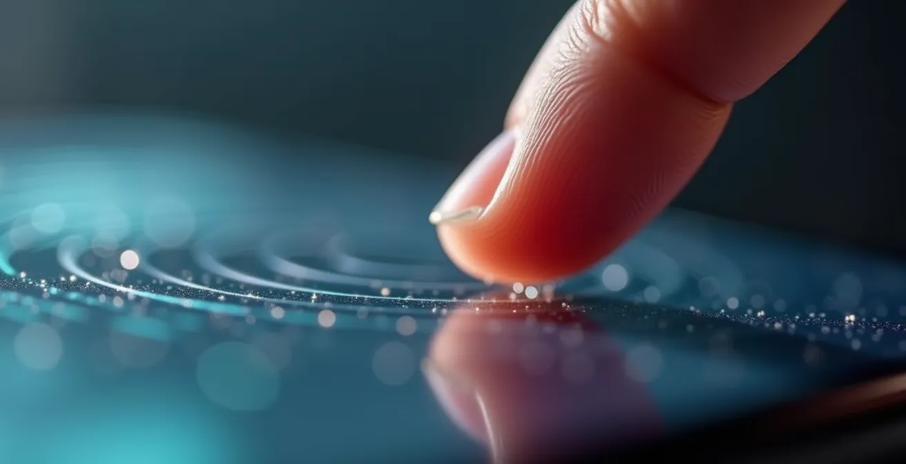 Hände interagieren mit digitalen Oberflächen, die ein Premium-Haptik-Gefühl vermitteln, symbolisiert durch subtile visuelle Effekte.