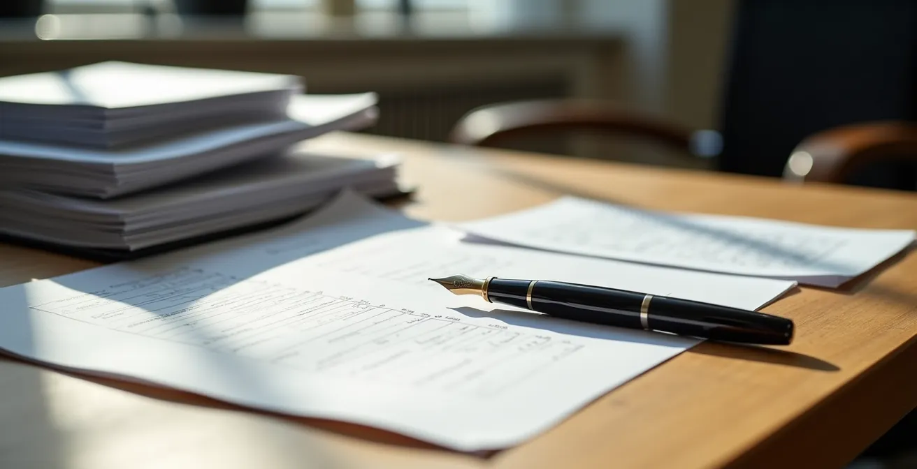 Professioneller Arbeitsplatz mit verschiedenen Geschäftsdokumenten, die die Unterschiede in der Formatierung im DACH-Raum symbolisieren