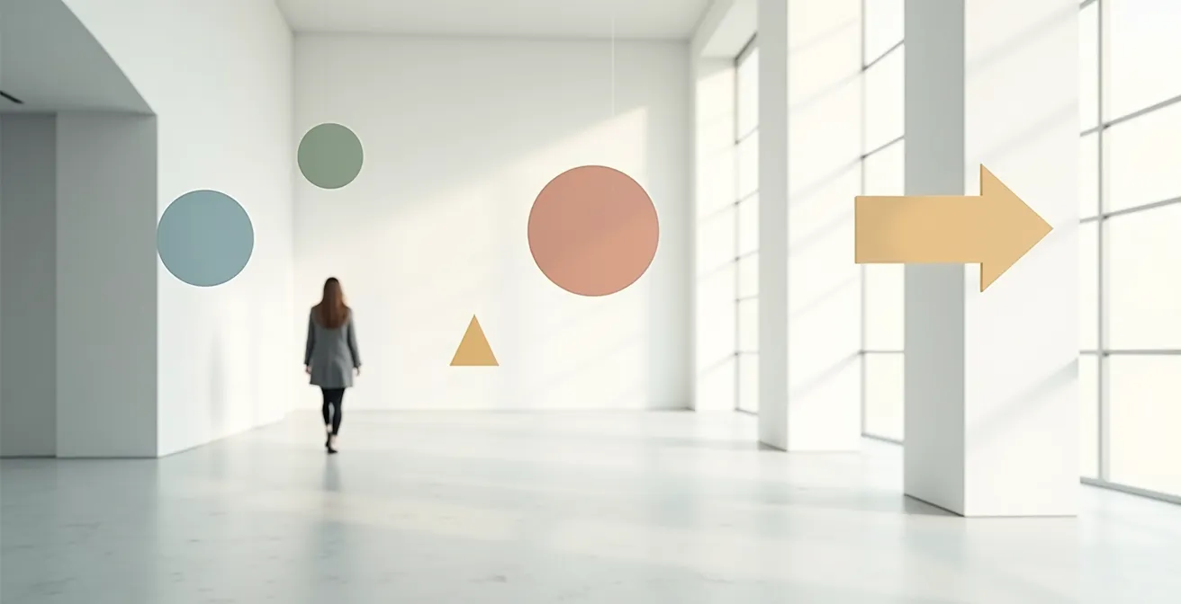 Minimalistische Darstellung eines Navigationspfads mit abstrakten Wegweisern in einem cleanen Raum