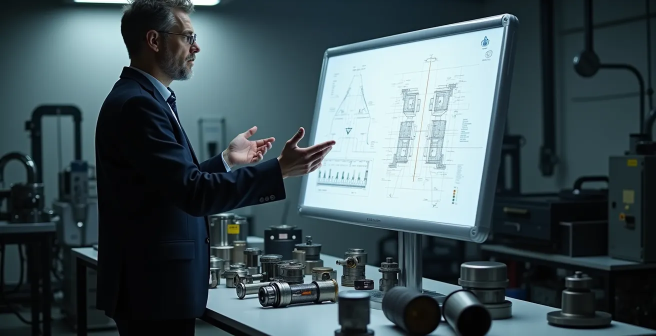 Deutscher Ingenieur erklärt technische Innovation vor Whiteboard