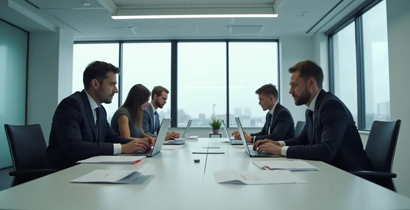 Krisenstab arbeitet konzentriert an Laptops in einem modernen Büro während einer Social Media Krise