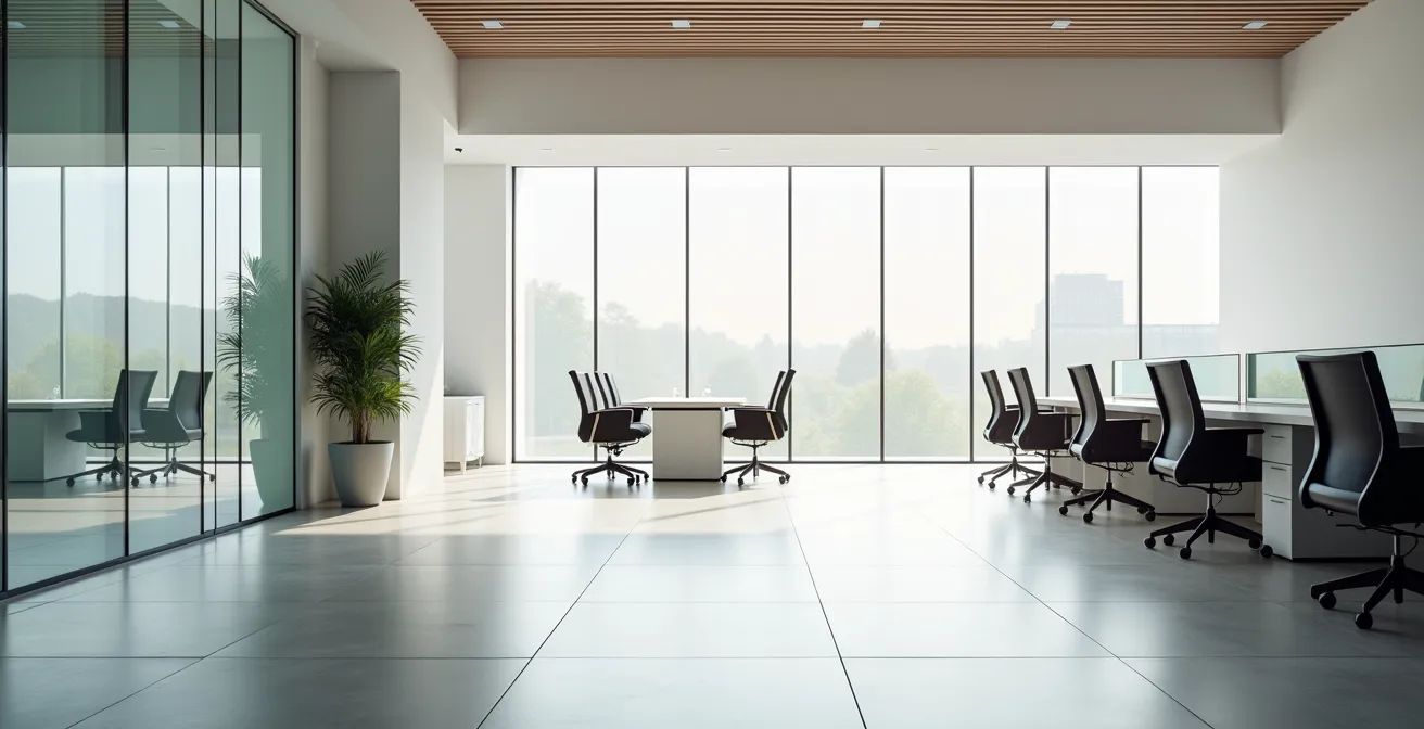 Weitwinkelaufnahme eines modernen deutschen Büros mit negativem Raum und minimalistischer Ästhetik