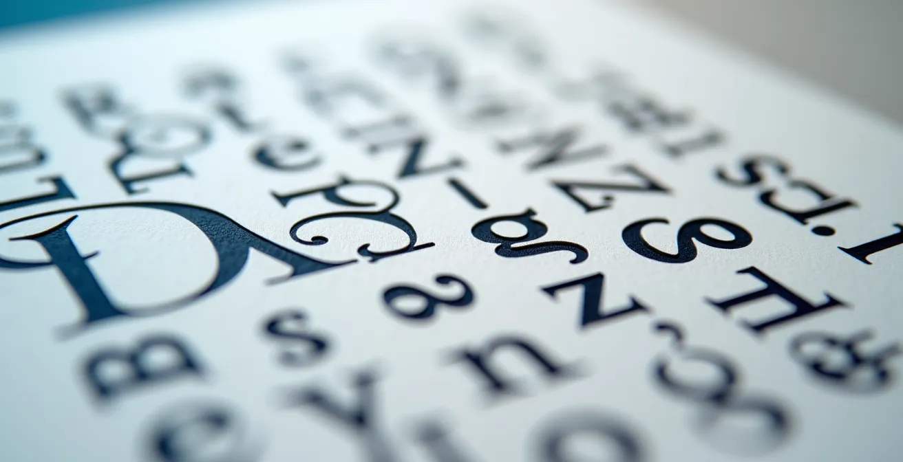 Makroaufnahme von Buchstabenabständen und typografischen Details auf mattem Papier