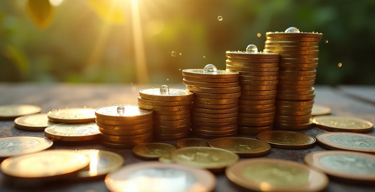 Makroaufnahme von Münzen und abstrakten Datenpunkten zur Darstellung von Profitabilitätsmetriken