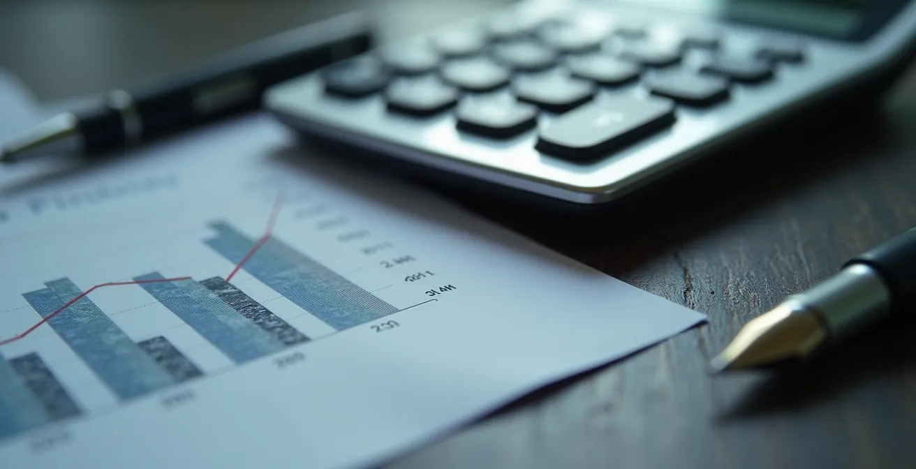 Detaillierte Business-Analyse-Dokumente und Taschenrechner auf deutschem Bürotisch