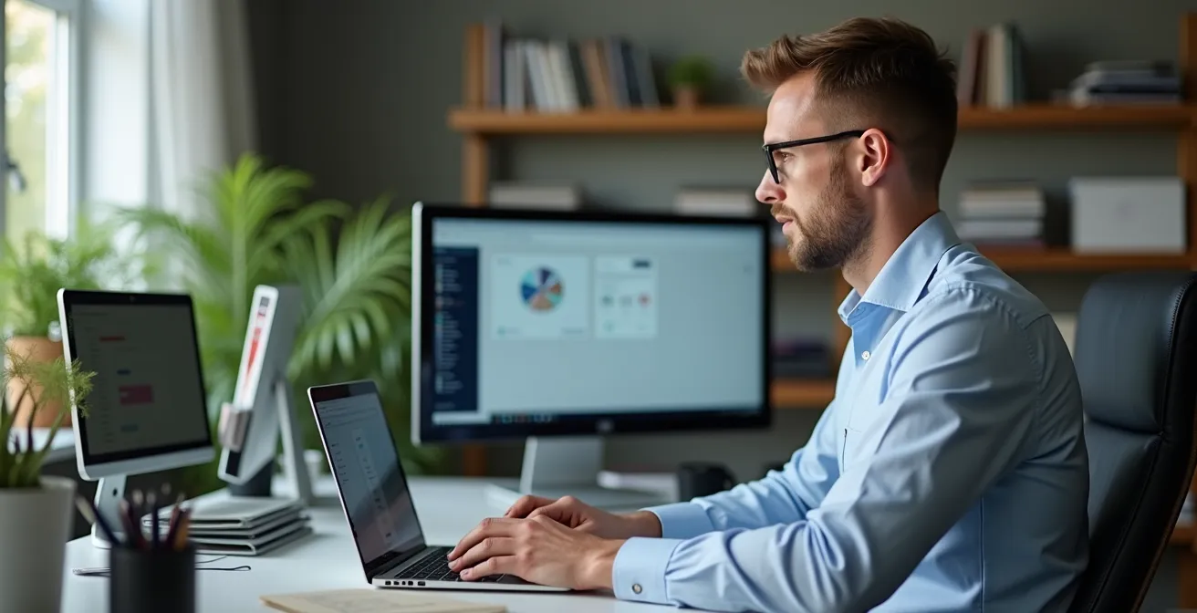 Aufgeräumter Heimarbeitsplatz mit Laptop, verschlossenem Aktenschrank und Bildschirmschutzfolie in deutschem Wohnambiente