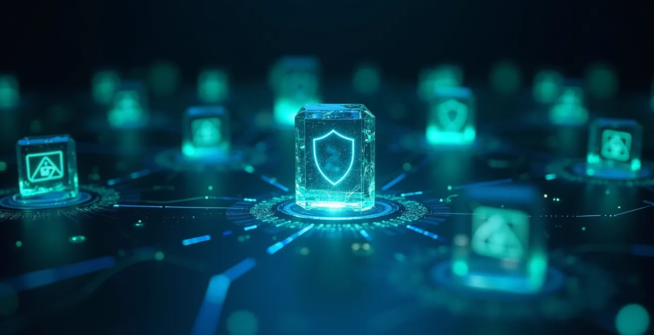 Technisches Diagramm zeigt E-Mail-Authentifizierungsprozess mit abstrakten Servern und Sicherheitssymbolen