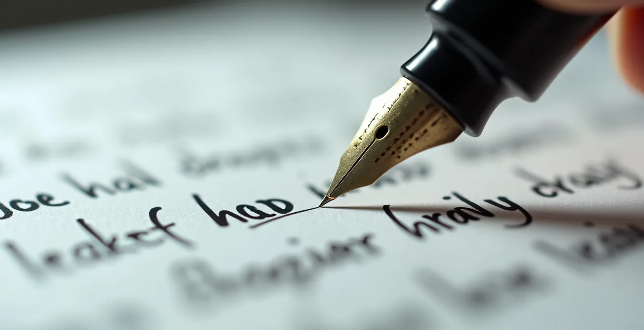 Makroaufnahme von präziser Textbearbeitung mit Stift und Papier