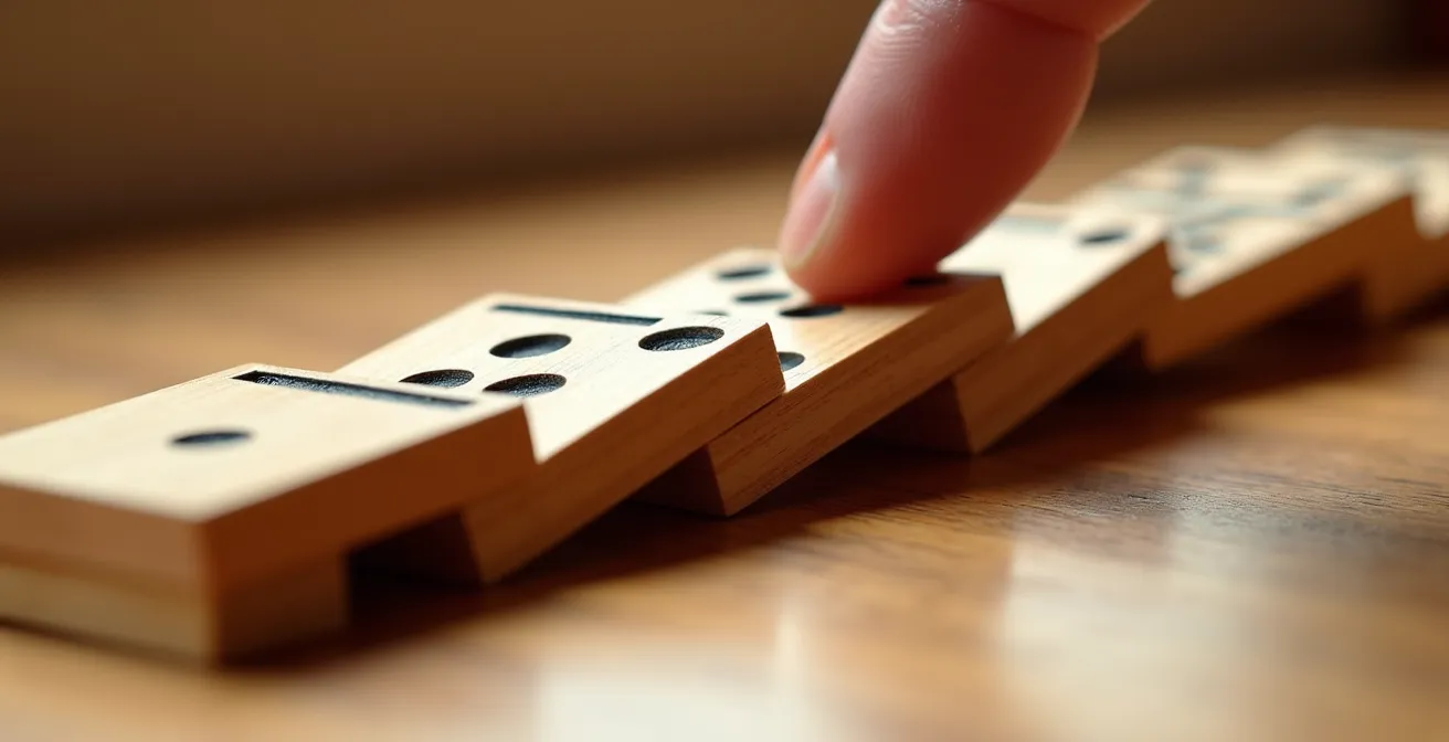 Makroaufnahme von Dominosteinen kurz vor dem Umfallen als Metapher für Trigger-Momente