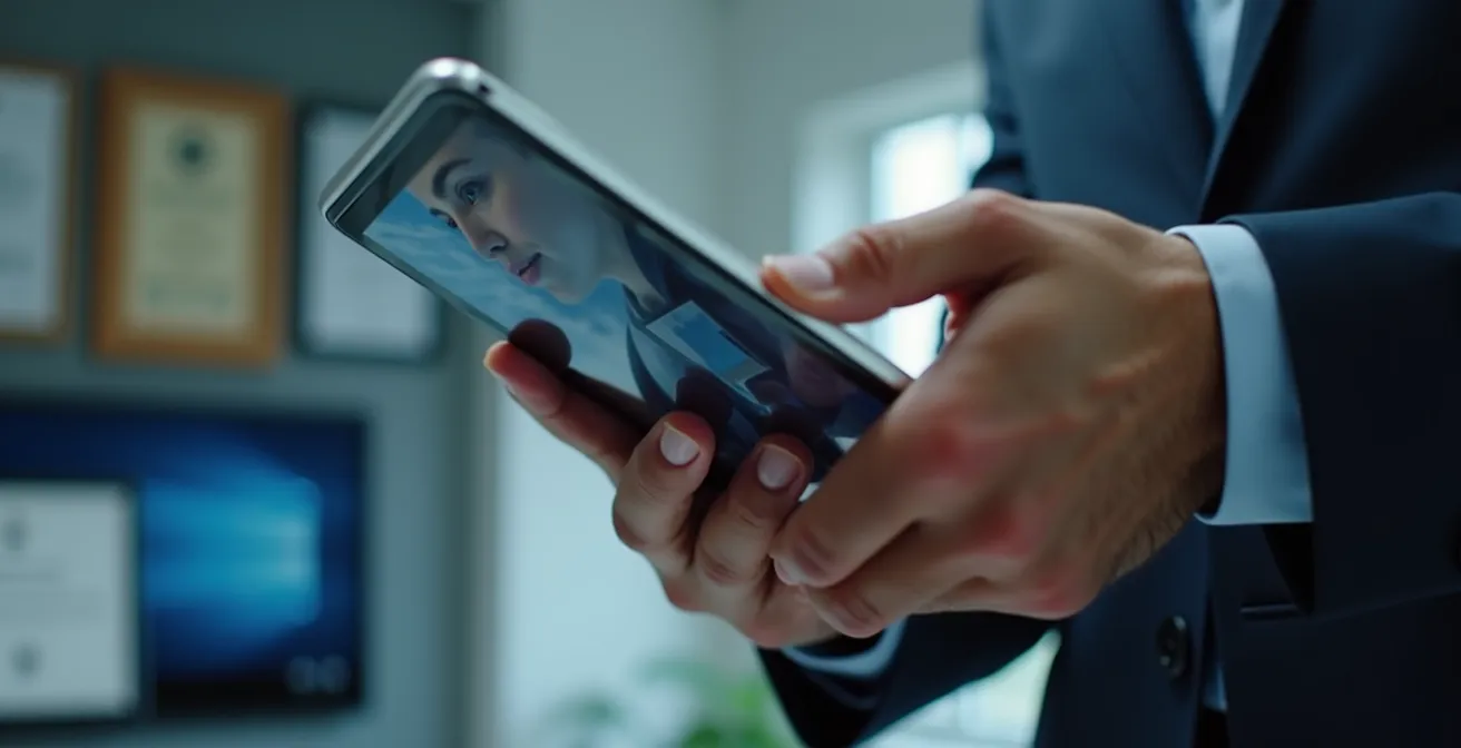 Geschäftsmann analysiert detailliert ein professionelles Unternehmensprofil auf einem Tablet