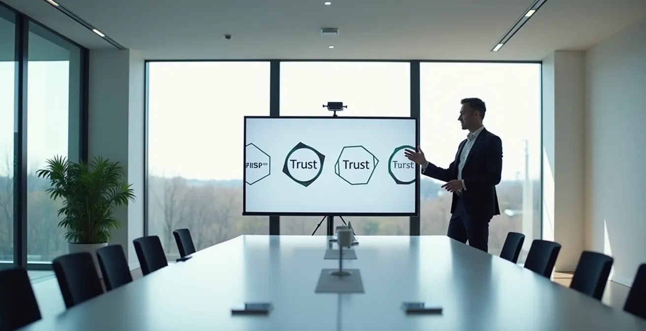 Geschäftsmann präsentiert deutsche Qualitätssiegel und Zertifikate