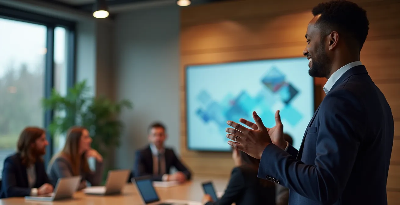 Professionelle Präsentation eines Webinars im modernen Konferenzraum